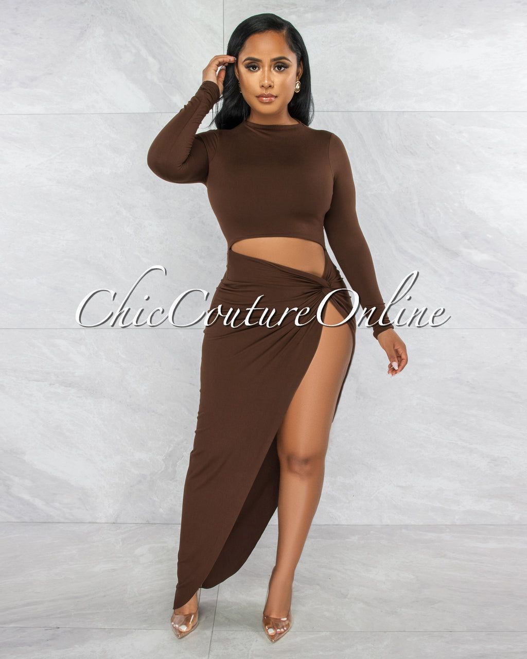 Tendera Brown Cut-Out Side Slit Maxi Dress sold by chic product image thumbnail 5
