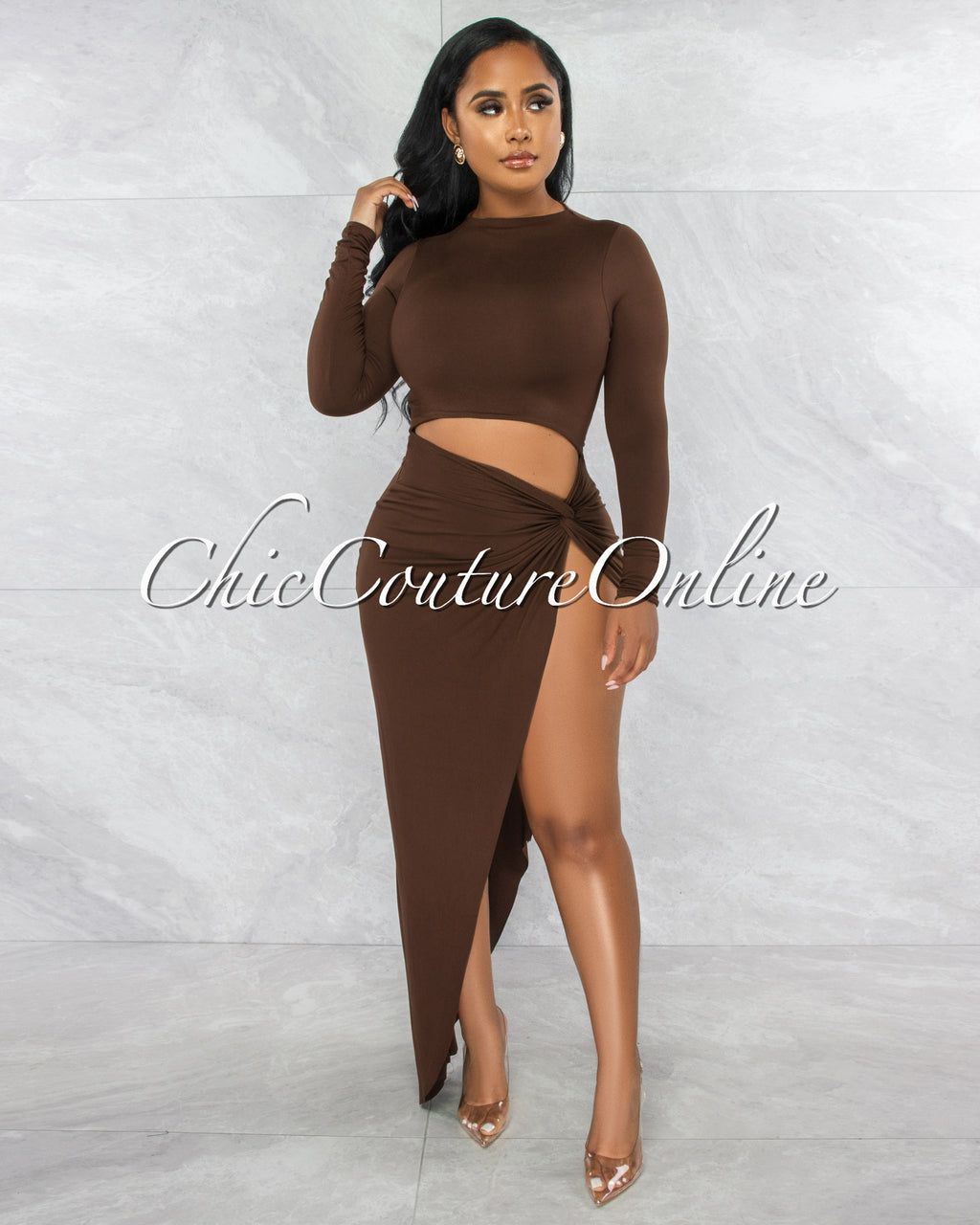 Tendera Brown Cut-Out Side Slit Maxi Dress sold by chic product image thumbnail 3