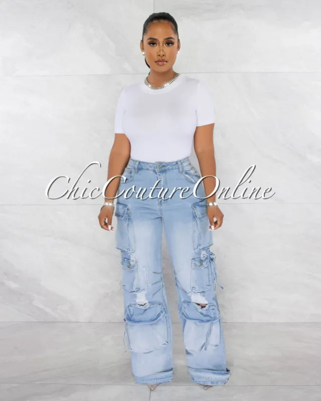 *Pallas Light Denim Distressed Wide Cargo Jeans sold by Chic Couture