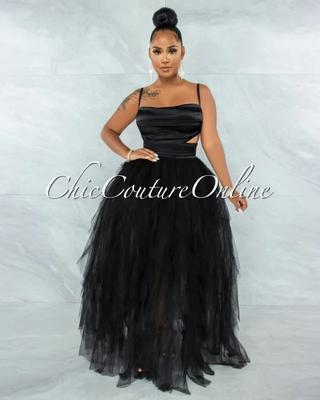 *Bellissima Black Satin Drape Top & Tulle Ruffle Maxi Skirt Set sold by Chic Couture