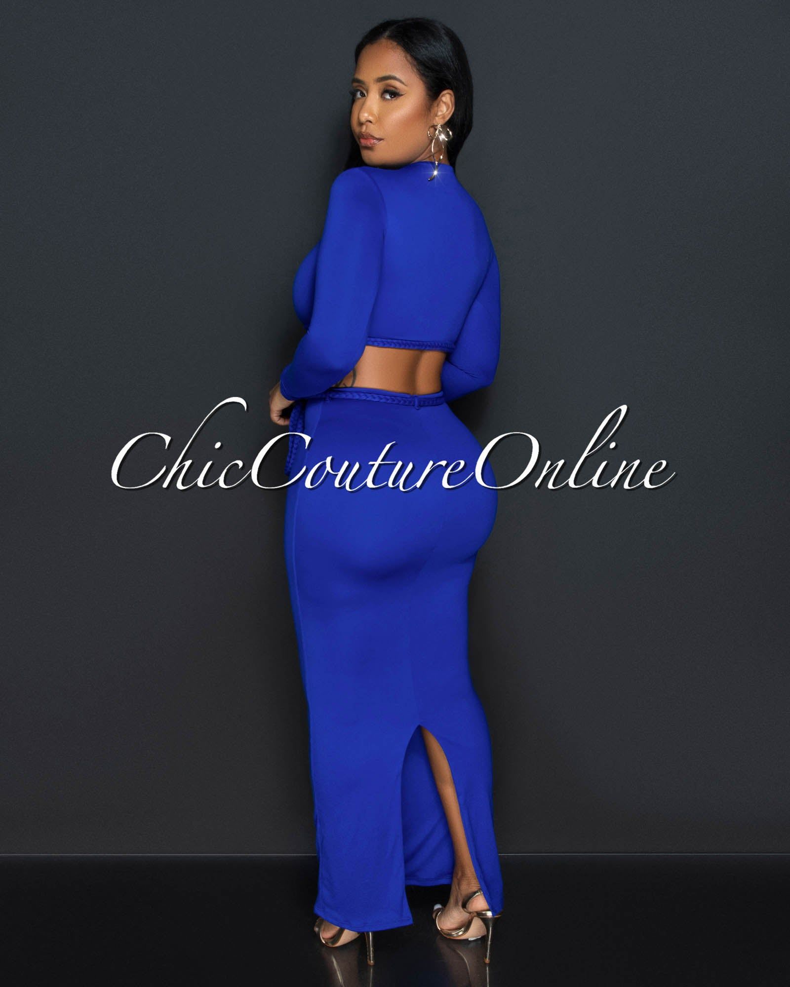 Fanny Royal Blue Braid Accent Crop Top & Maxi Skirt Set sold by Chic Couture product image thumbnail 3