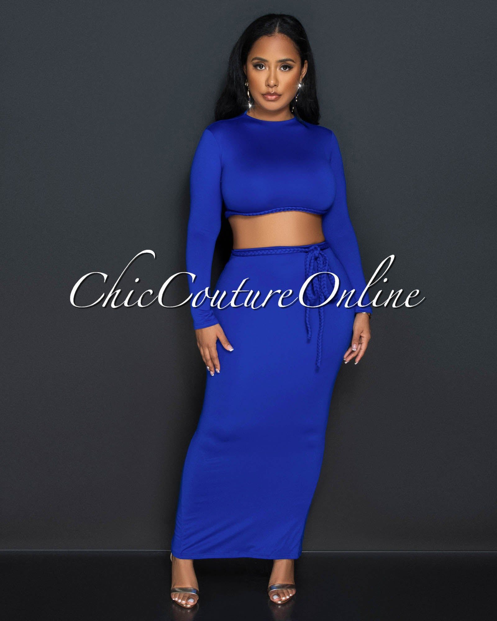 Fanny Royal Blue Braid Accent Crop Top & Maxi Skirt Set sold by Chic Couture