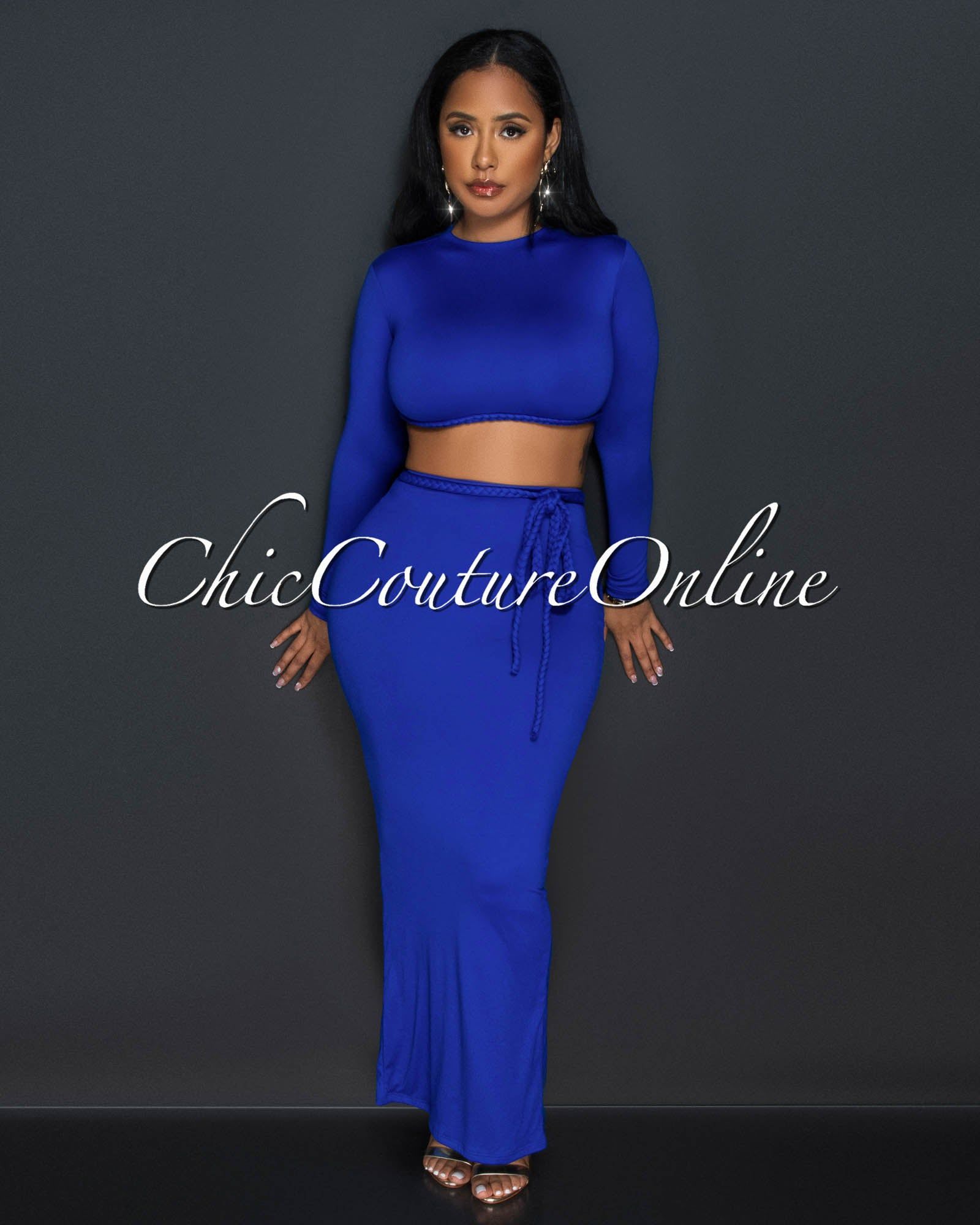 Fanny Royal Blue Braid Accent Crop Top & Maxi Skirt Set sold by Chic Couture product image thumbnail 2