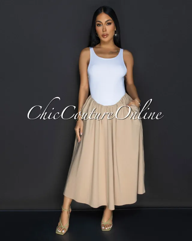 Silvy White Nude Sleeveless Midi Dress sold by Chic Couture