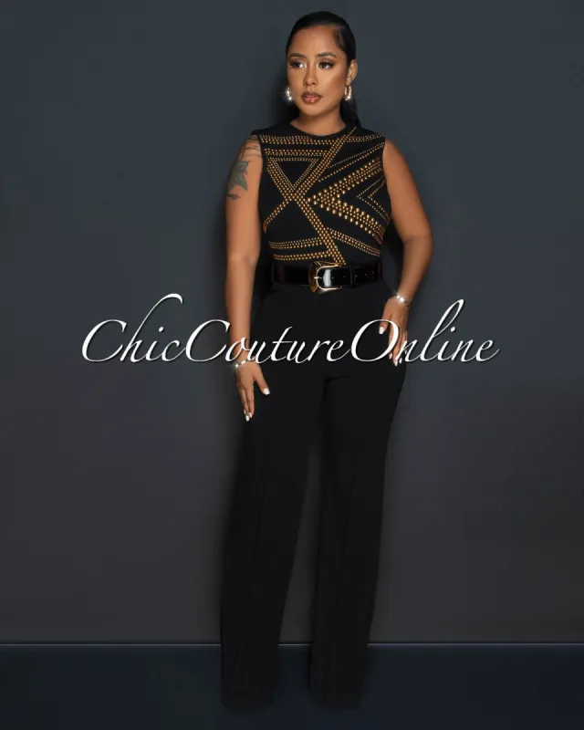 *Marlisa Black Gold Studs Gold Buckle Belt Jumpsuit sold by Chic Couture