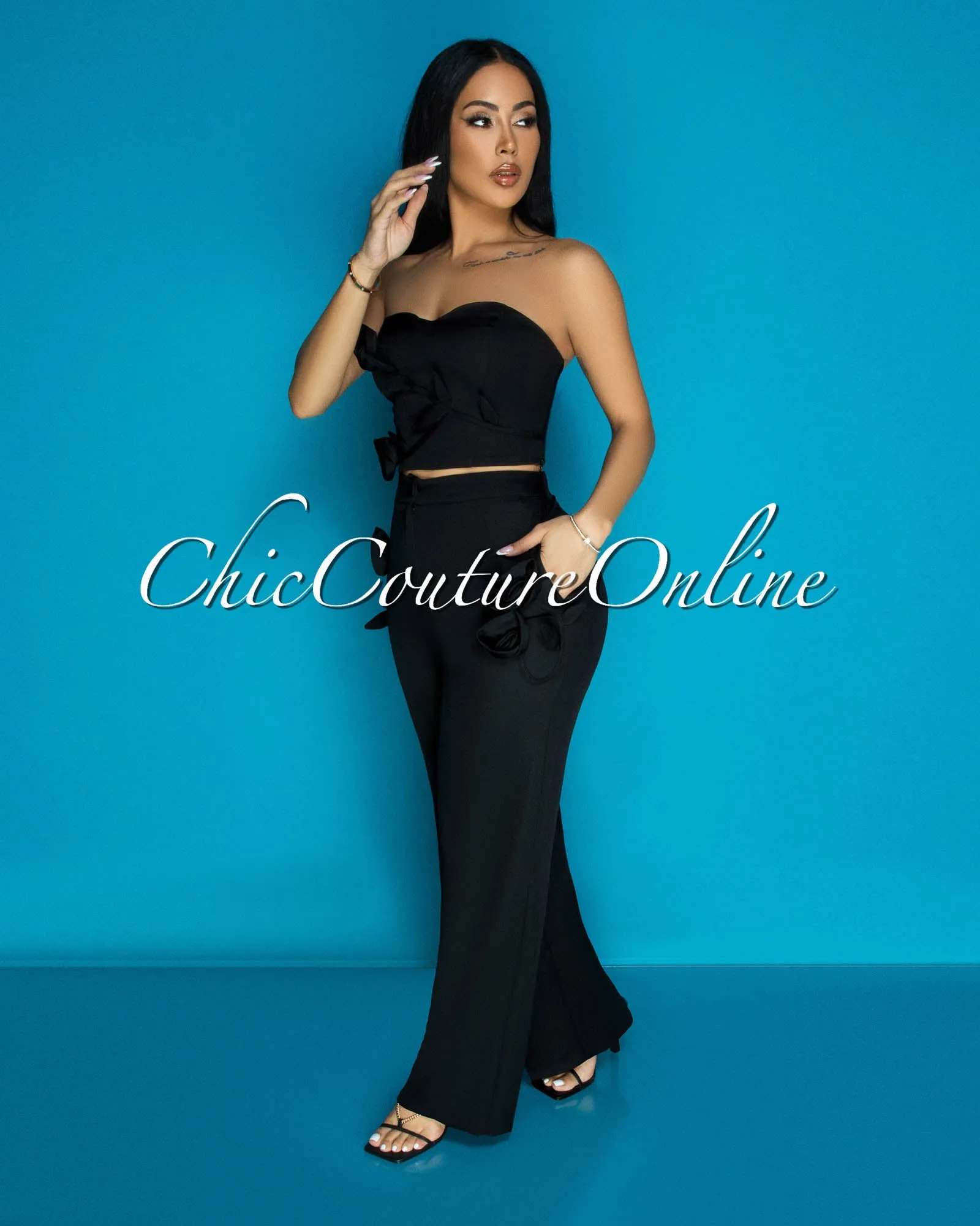 Paolina Black Flower Accent Top & Pants Set sold by Chic Couture product image thumbnail 3