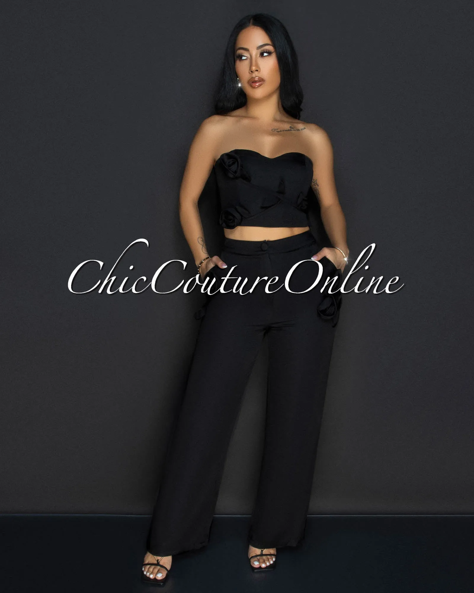 Paolina Black Flower Accent Top & Pants Set sold by Chic Couture product image thumbnail 5