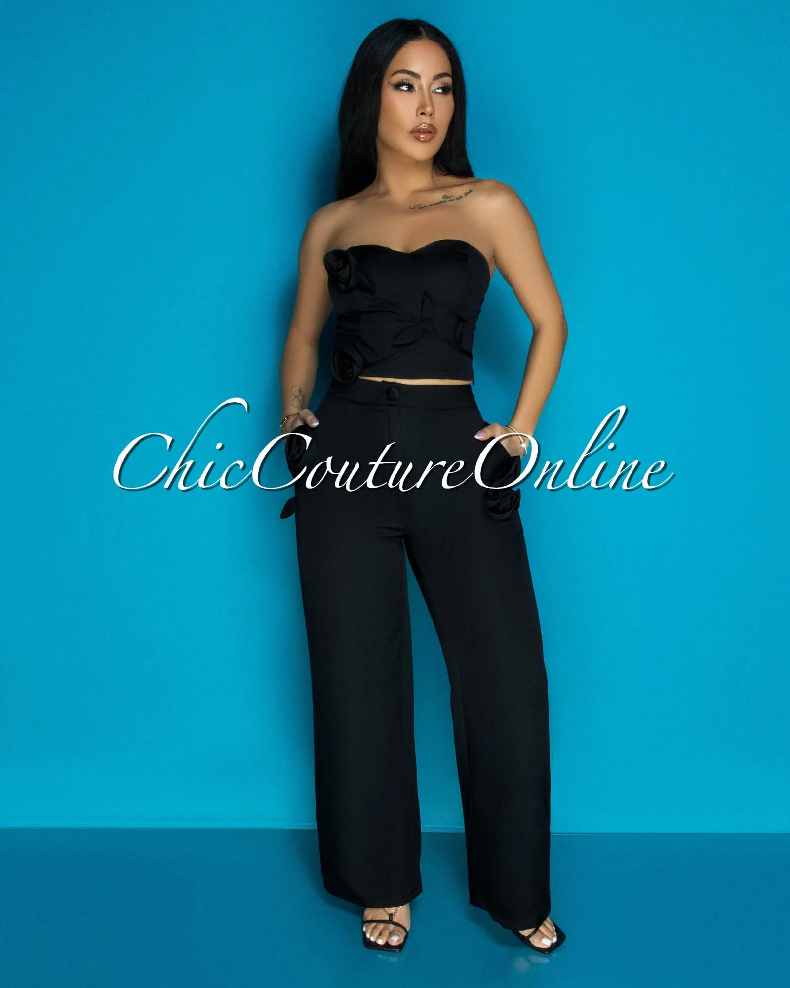 Paolina Black Flower Accent Top & Pants Set sold by Chic Couture product image thumbnail 2