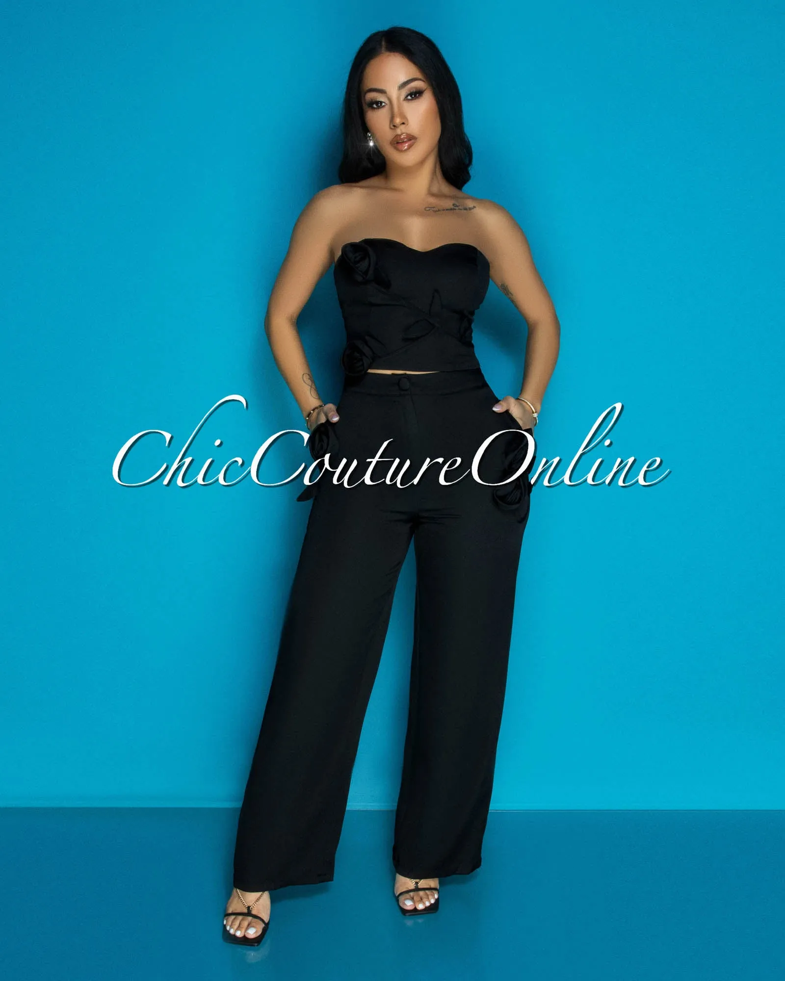 Paolina Black Flower Accent Top & Pants Set sold by Chic Couture