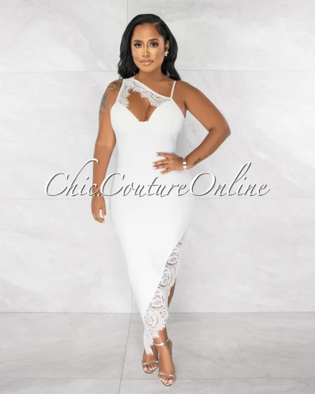 *Cyrus White Lace Accent Asymmetrical Bandage Midi Dress sold by Chic Couture