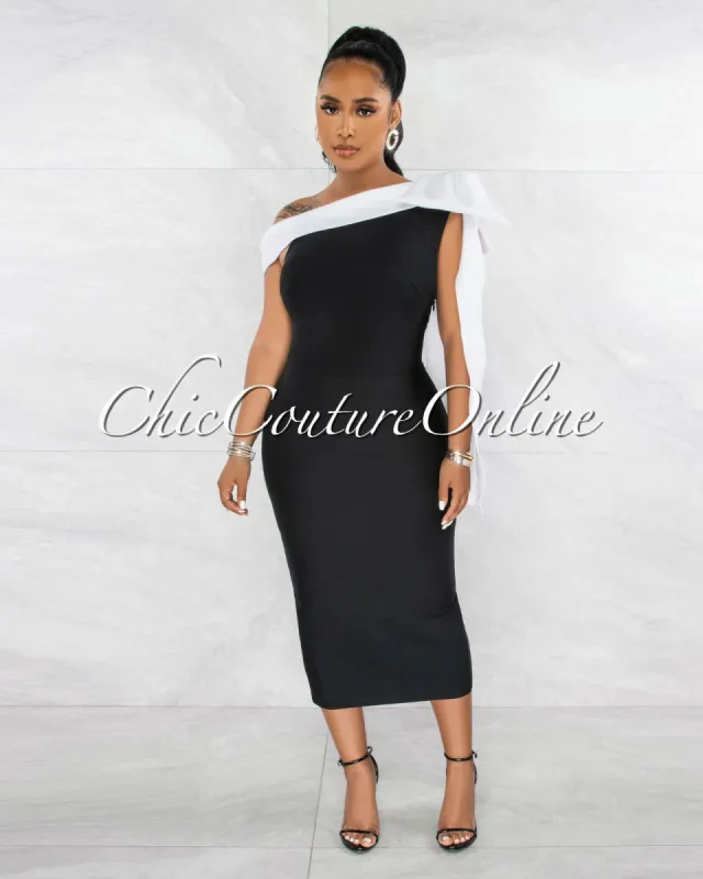 Khali Black White Shoulder Bow Accent Bandage Dress sold by Chic Couture