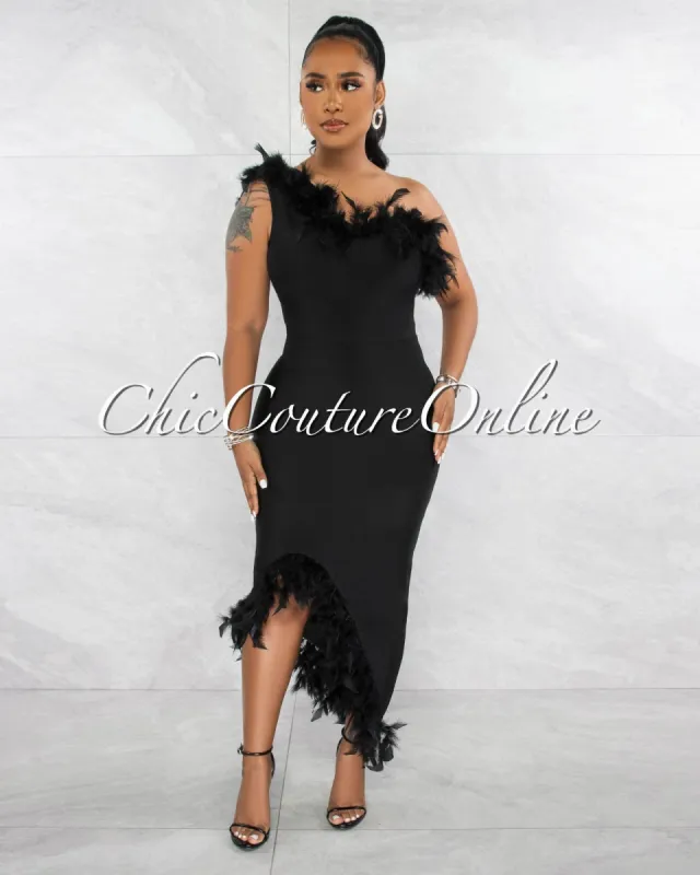 Yadra Black Feather Accent Bandage Midi Dress sold by Chic Couture
