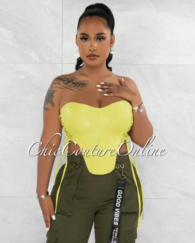Claria Lime Vegan Leather Lace-Up Corset Crop Top sold by Chic Couture