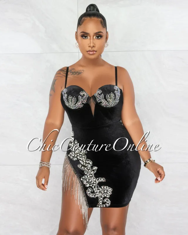 Jaslene Black Velvet Pearls Rhinestones Fringe Mini Dress sold by Chic Couture