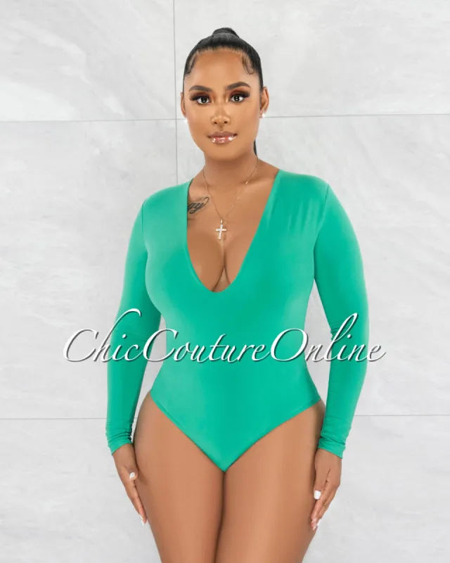 *Nilam Green Deep V Neck Long Sleeves Bodysuit made by Chic Couture
