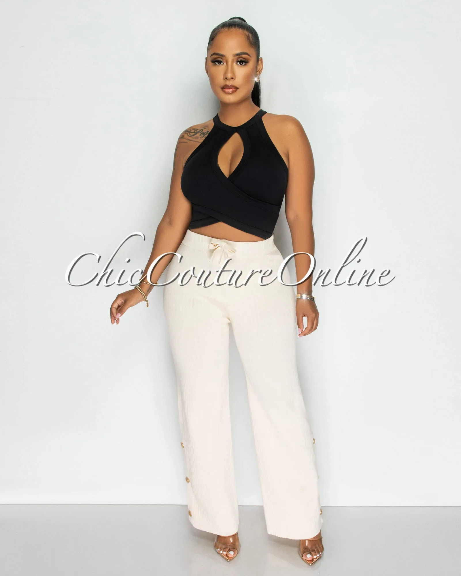 *Ronny Nude Ribbed Gold Buttons Wide Pants sold by Chic Couture