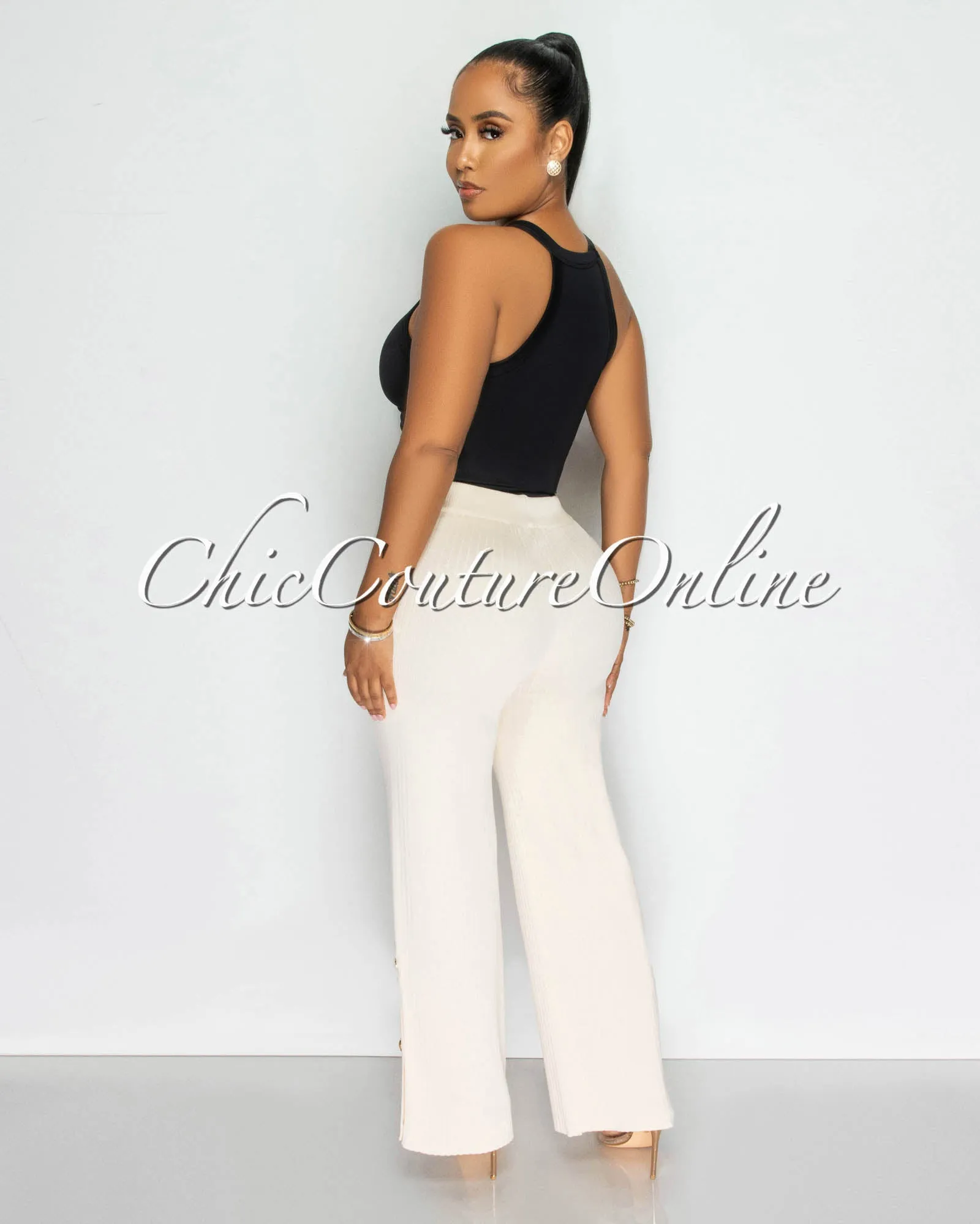 *Ronny Nude Ribbed Gold Buttons Wide Pants sold by Chic Couture product image thumbnail 3