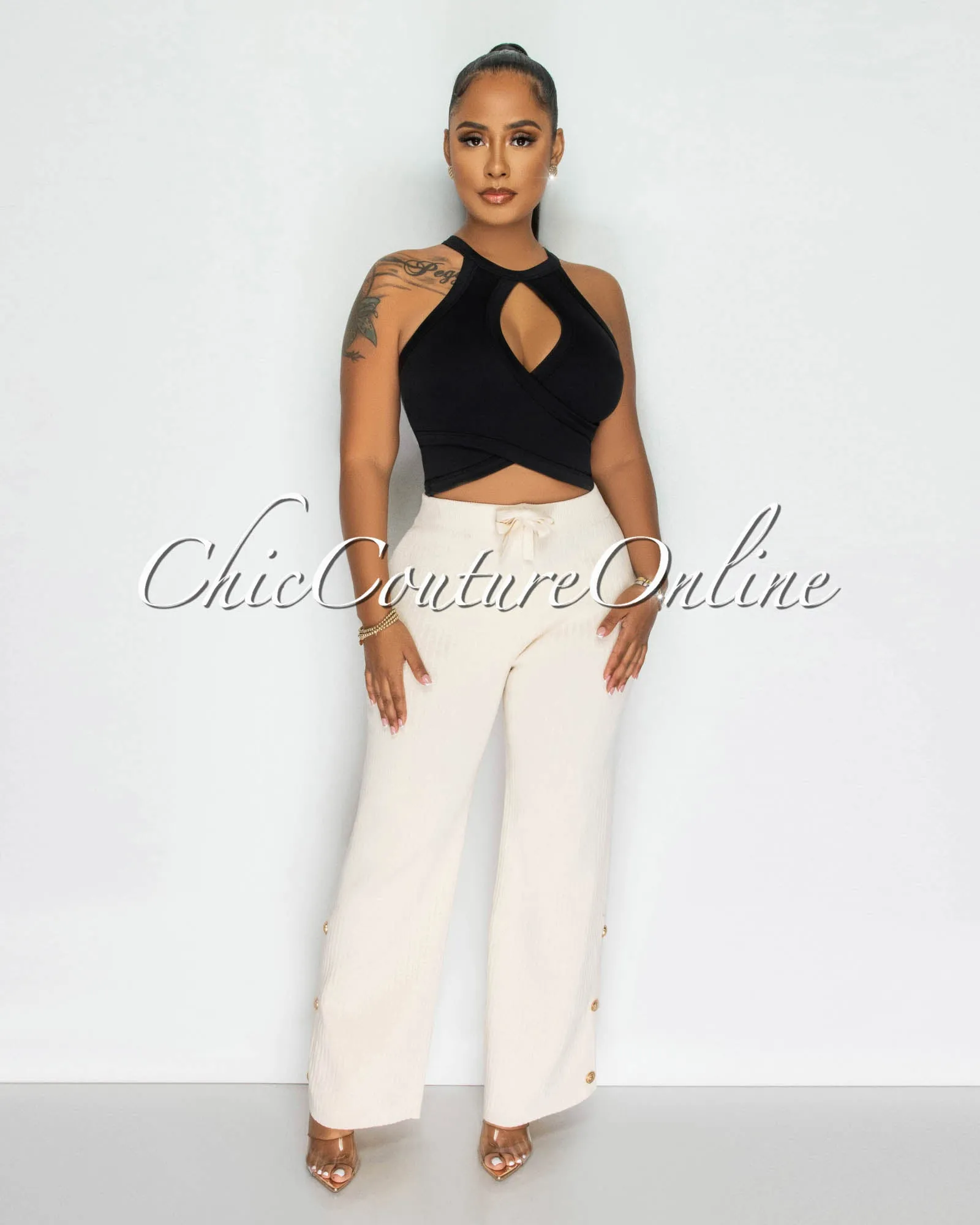 *Ronny Nude Ribbed Gold Buttons Wide Pants sold by Chic Couture product image thumbnail 2
