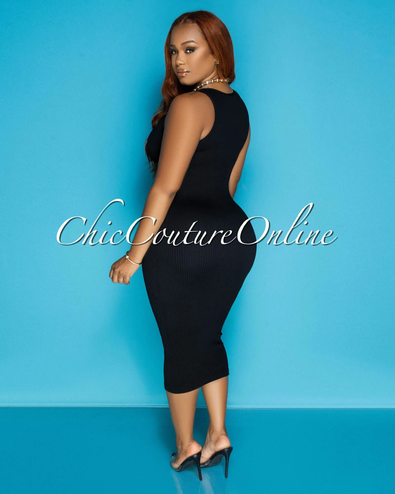 Fiora Black Sleeveless Ribbed Midi Dress sold by Chic Couture product image thumbnail 5