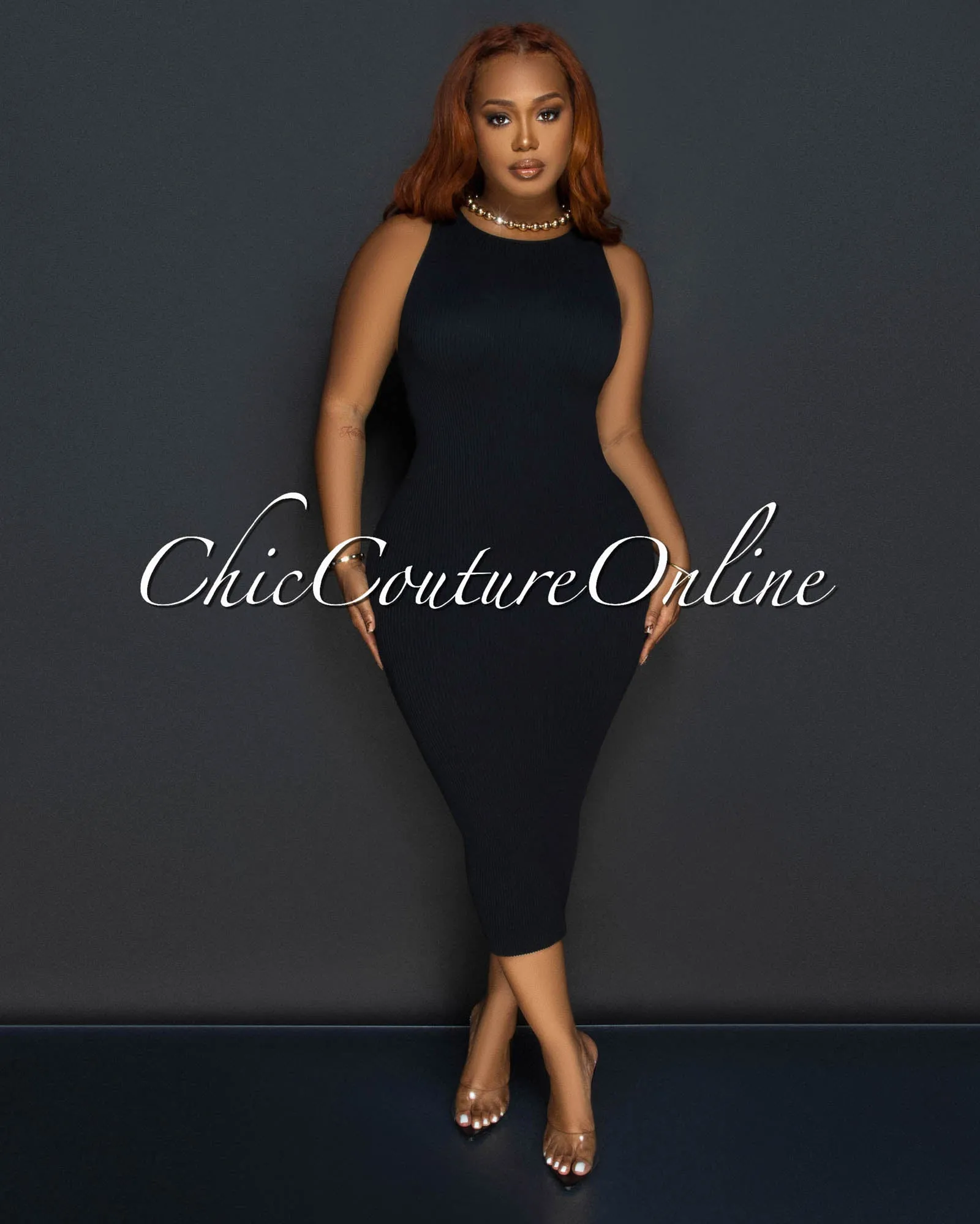 Fiora Black Sleeveless Ribbed Midi Dress sold by Chic Couture