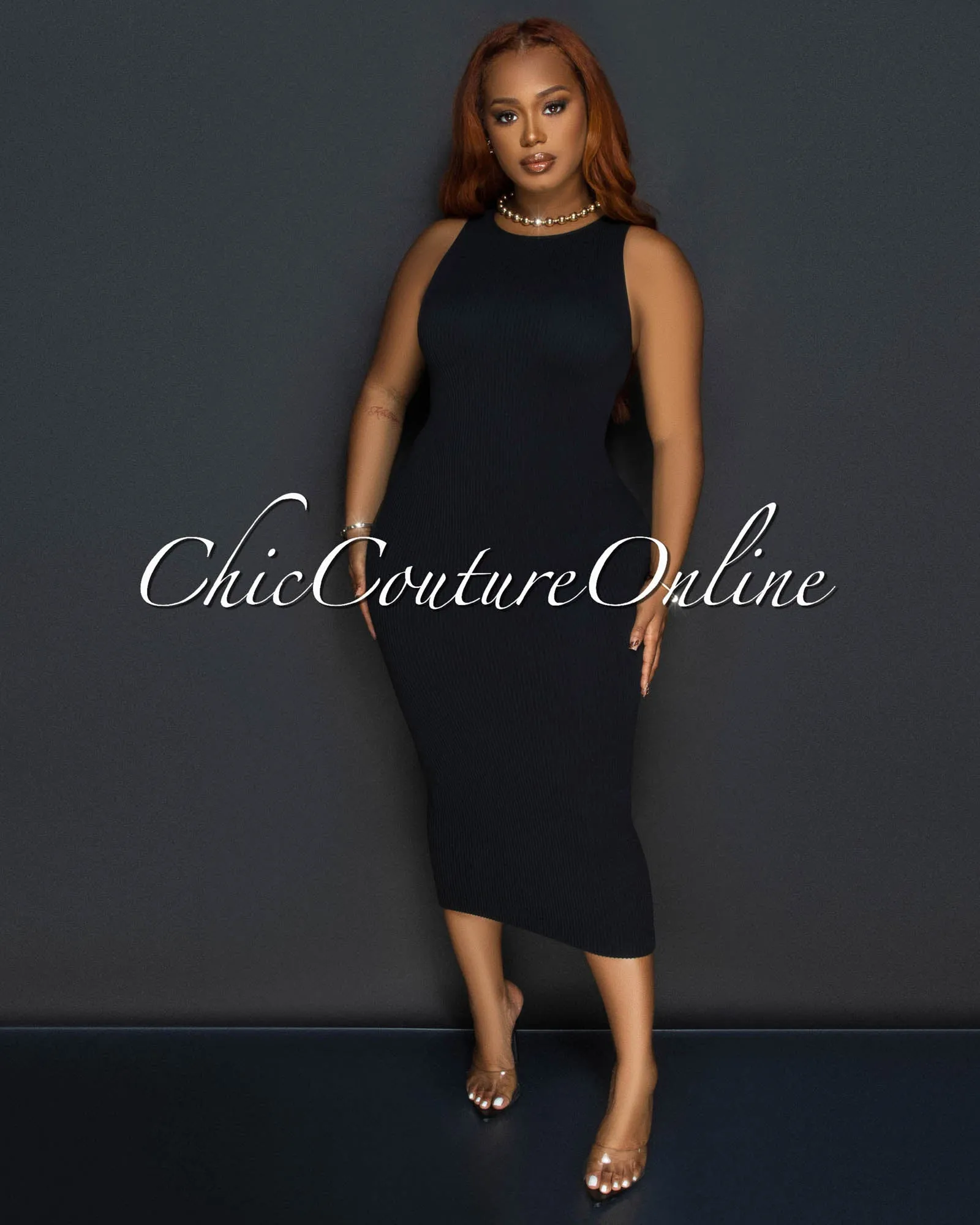 Fiora Black Sleeveless Ribbed Midi Dress sold by Chic Couture product image thumbnail 2