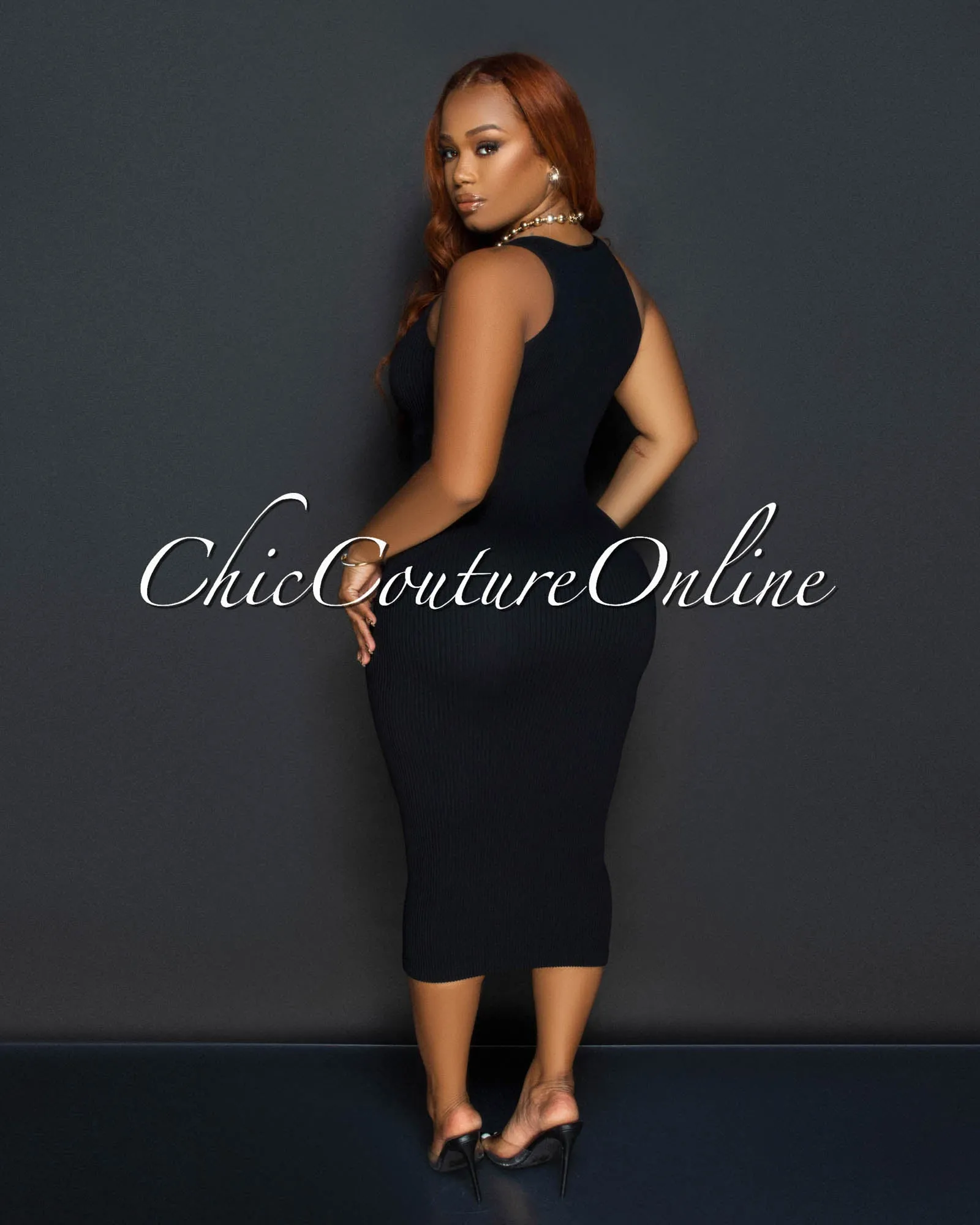 Fiora Black Sleeveless Ribbed Midi Dress sold by Chic Couture product image thumbnail 3