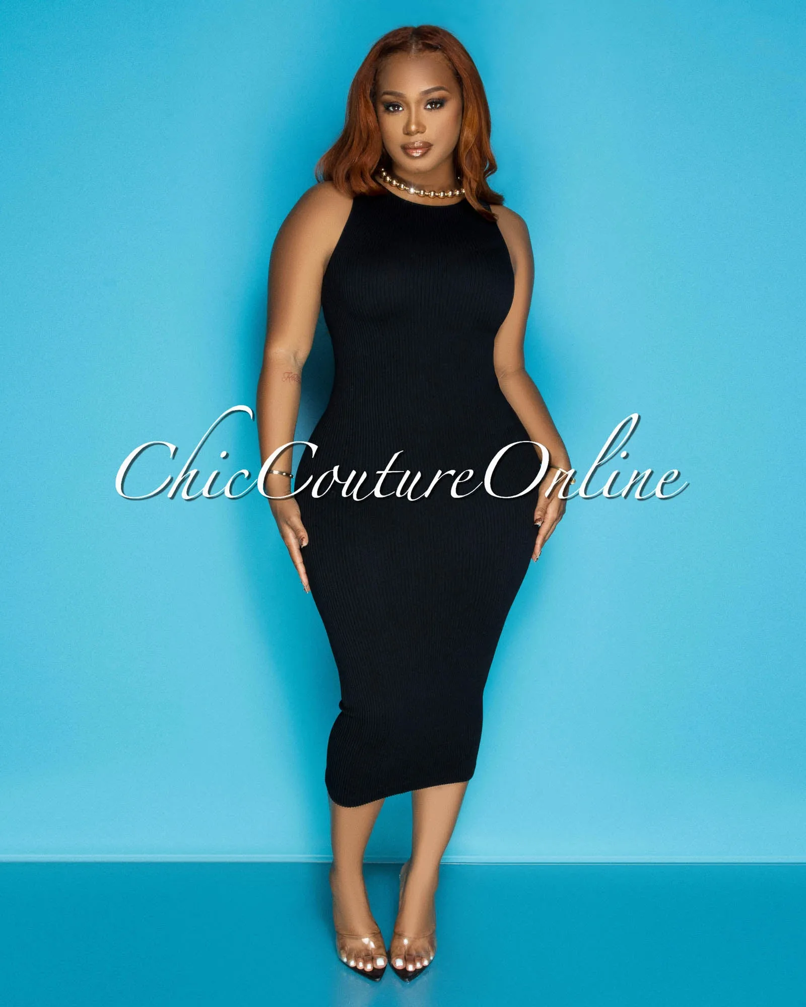 Fiora Black Sleeveless Ribbed Midi Dress sold by Chic Couture product image thumbnail 4