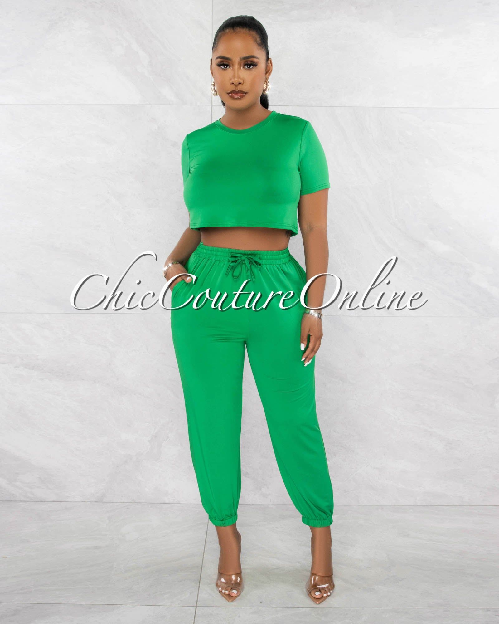 Haddie Green Crop Top & Joggers Set sold by Chic Couture
