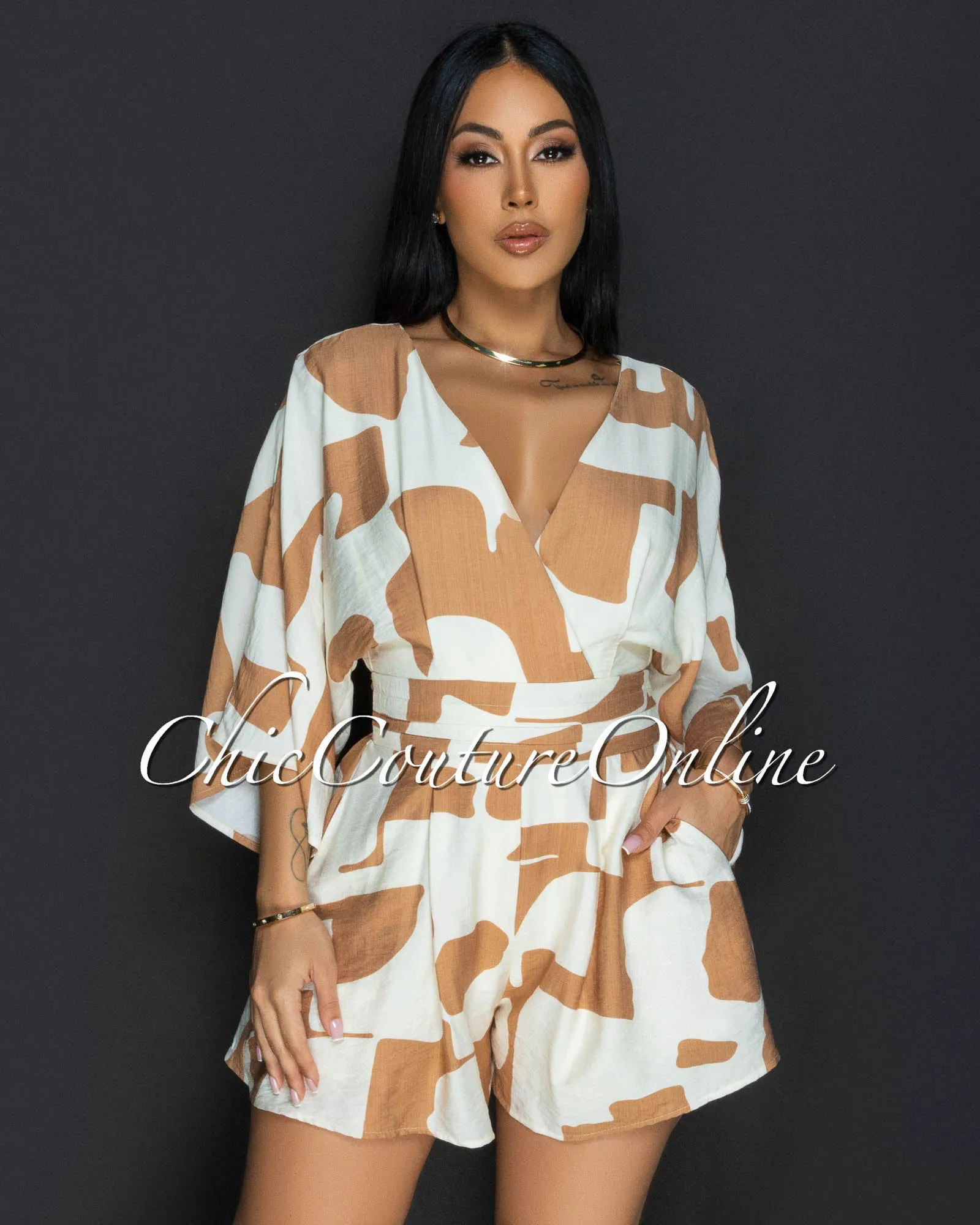Emba Tan Beige Print Romper sold by Chic Couture product image thumbnail 3