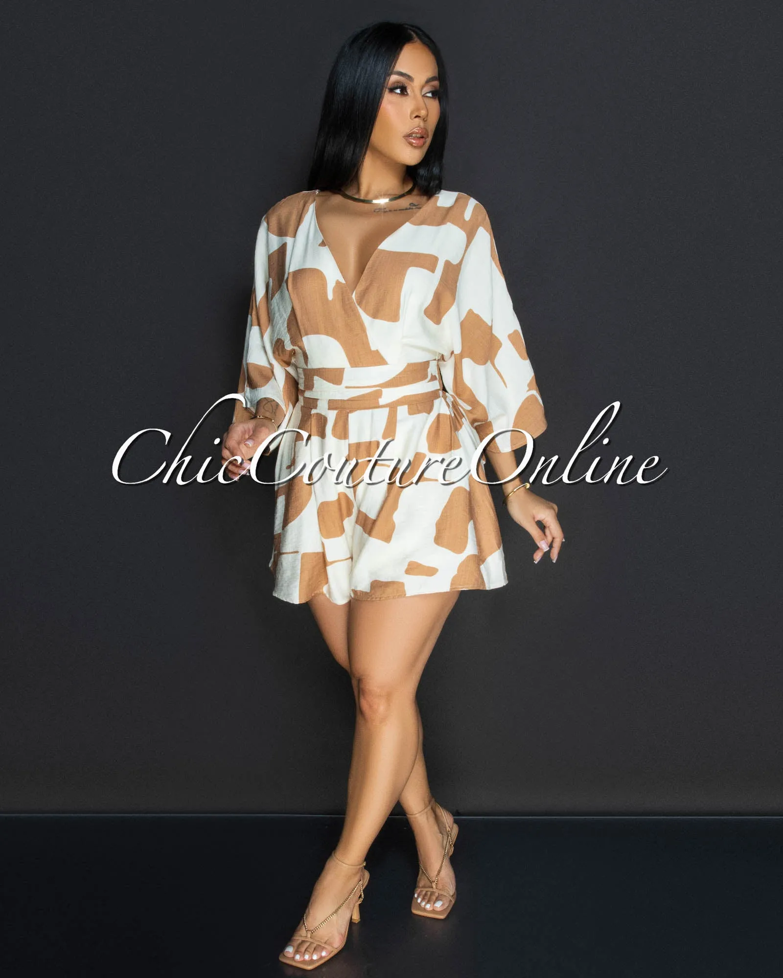 Emba Tan Beige Print Romper sold by Chic Couture