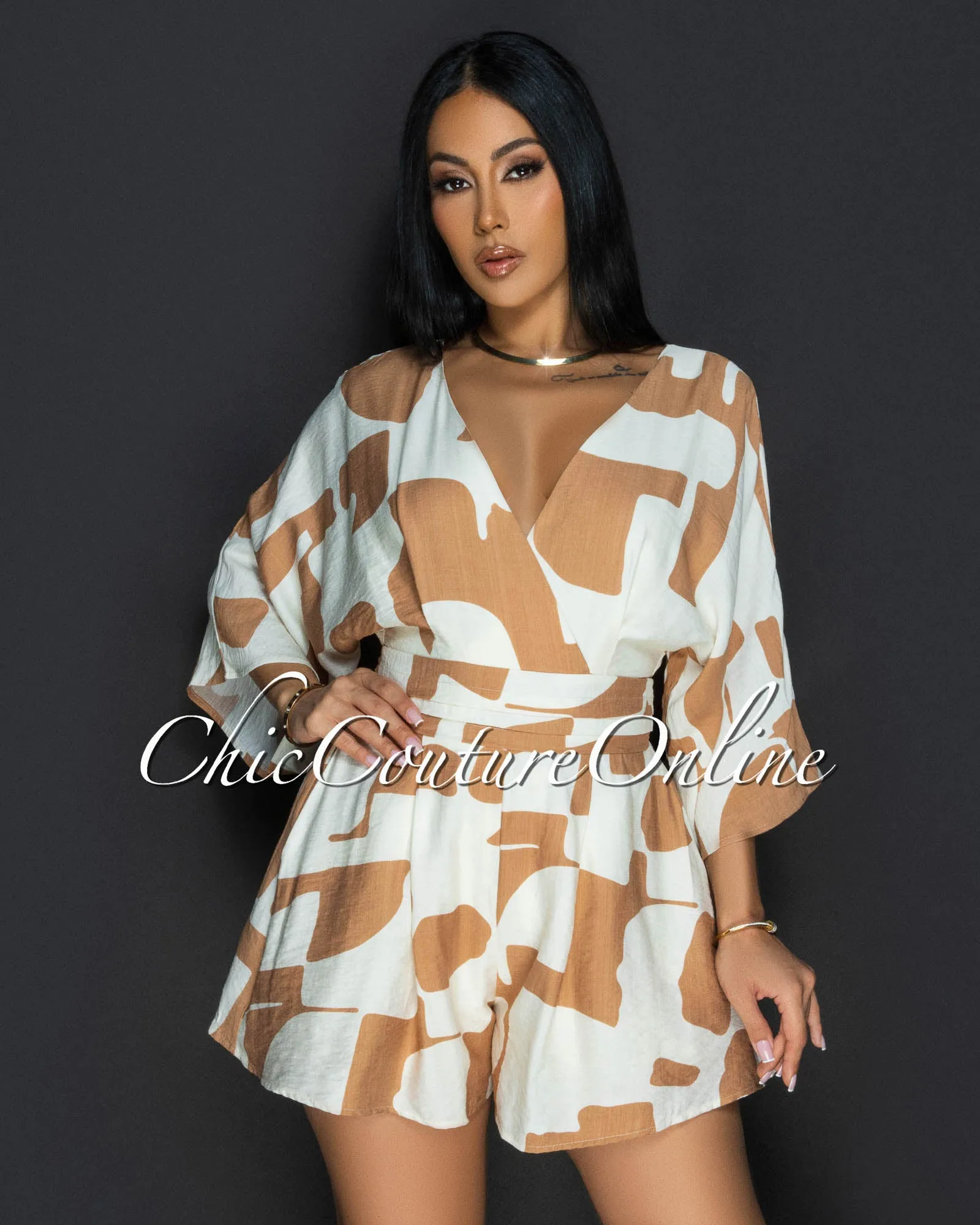 Emba Tan Beige Print Romper sold by Chic Couture product image thumbnail 4