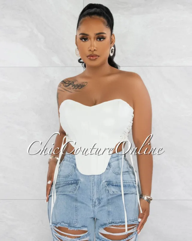 Claria Off-White Vegan Leather Lace-Up Corset Crop Top sold by Chic Couture