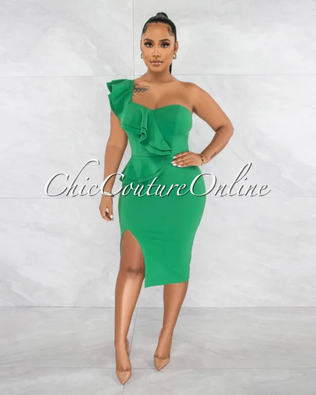 *Corin Green Single Shoulder Ruffle Midi Dress sold by Chic Couture