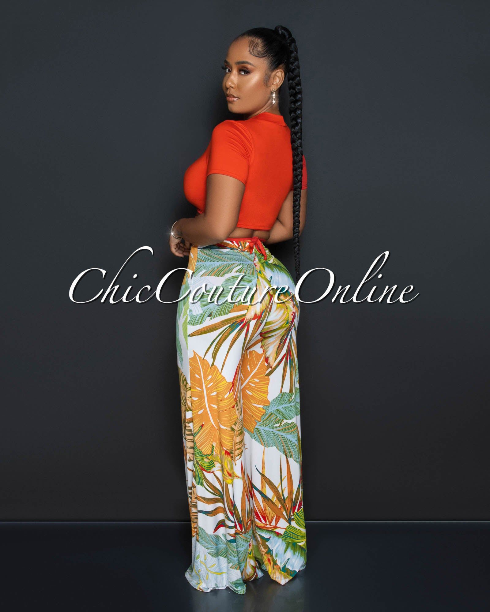 Yalena Orange Crop Top & Leaf Print Wide Pants Set sold by chic product image thumbnail 3