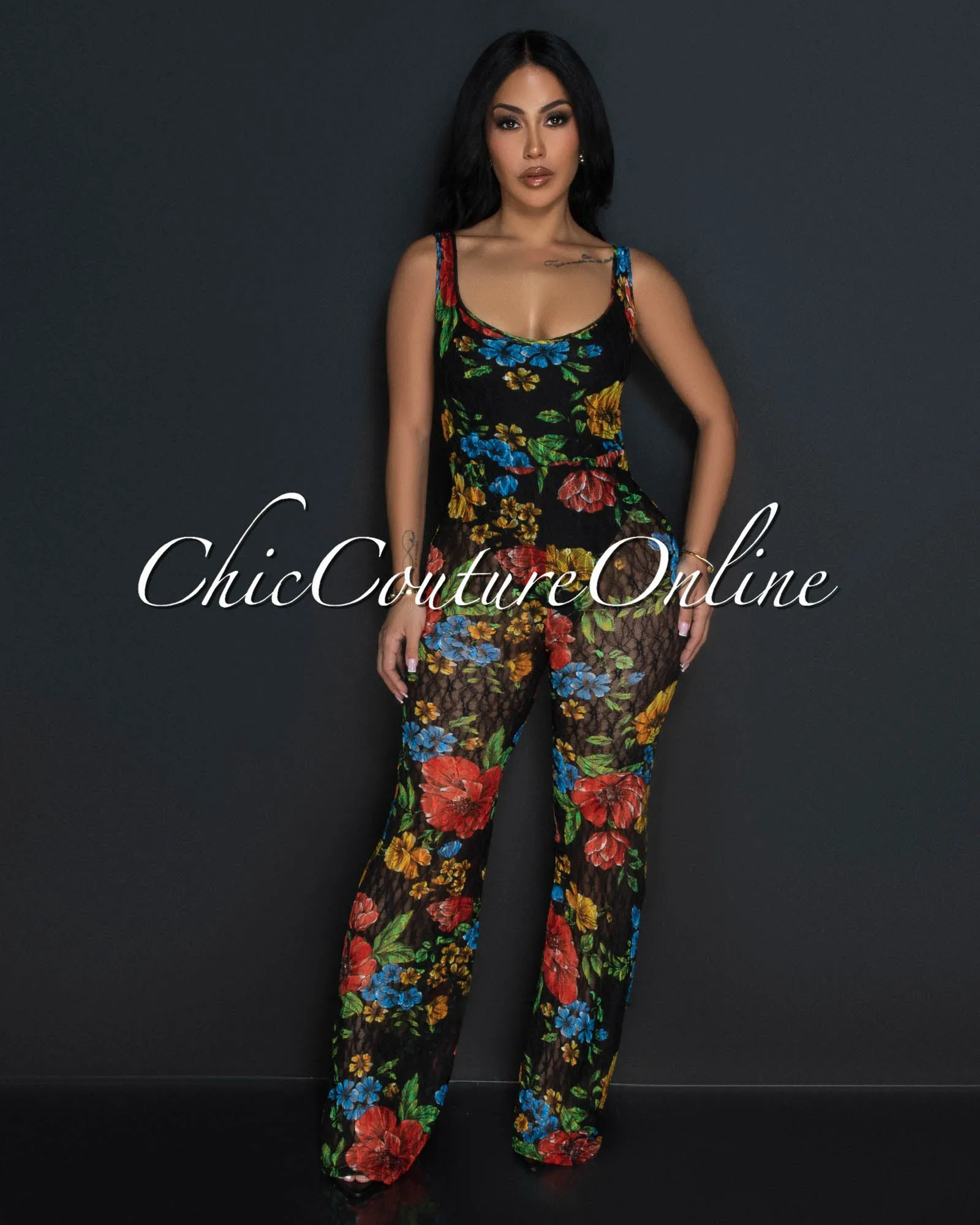 Manah Black Lace Multi-Color Print Mesh Jumpsuit sold by Chic Couture product image thumbnail 2
