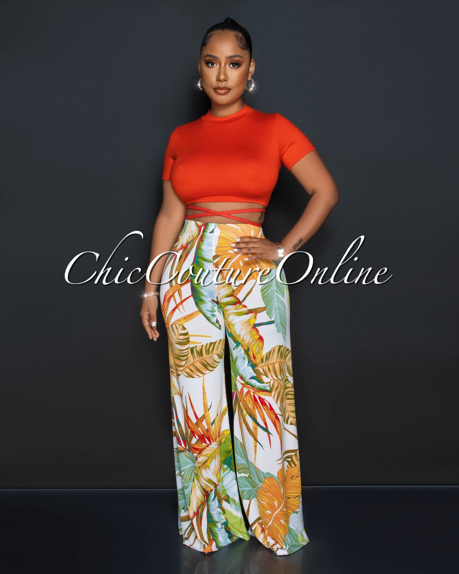 Yalena Orange Crop Top & Leaf Print Wide Pants Set sold by chic
