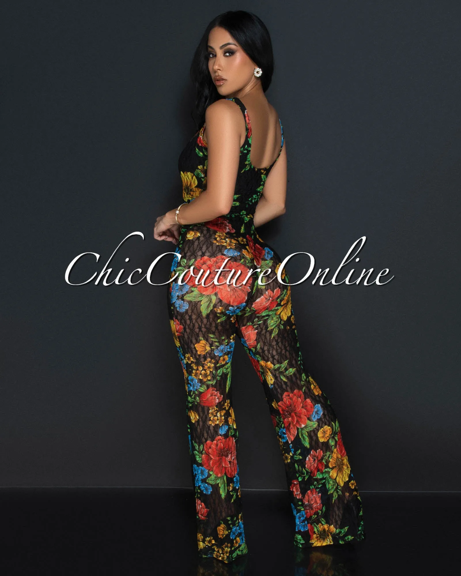 Manah Black Lace Multi-Color Print Mesh Jumpsuit sold by Chic Couture product image thumbnail 3