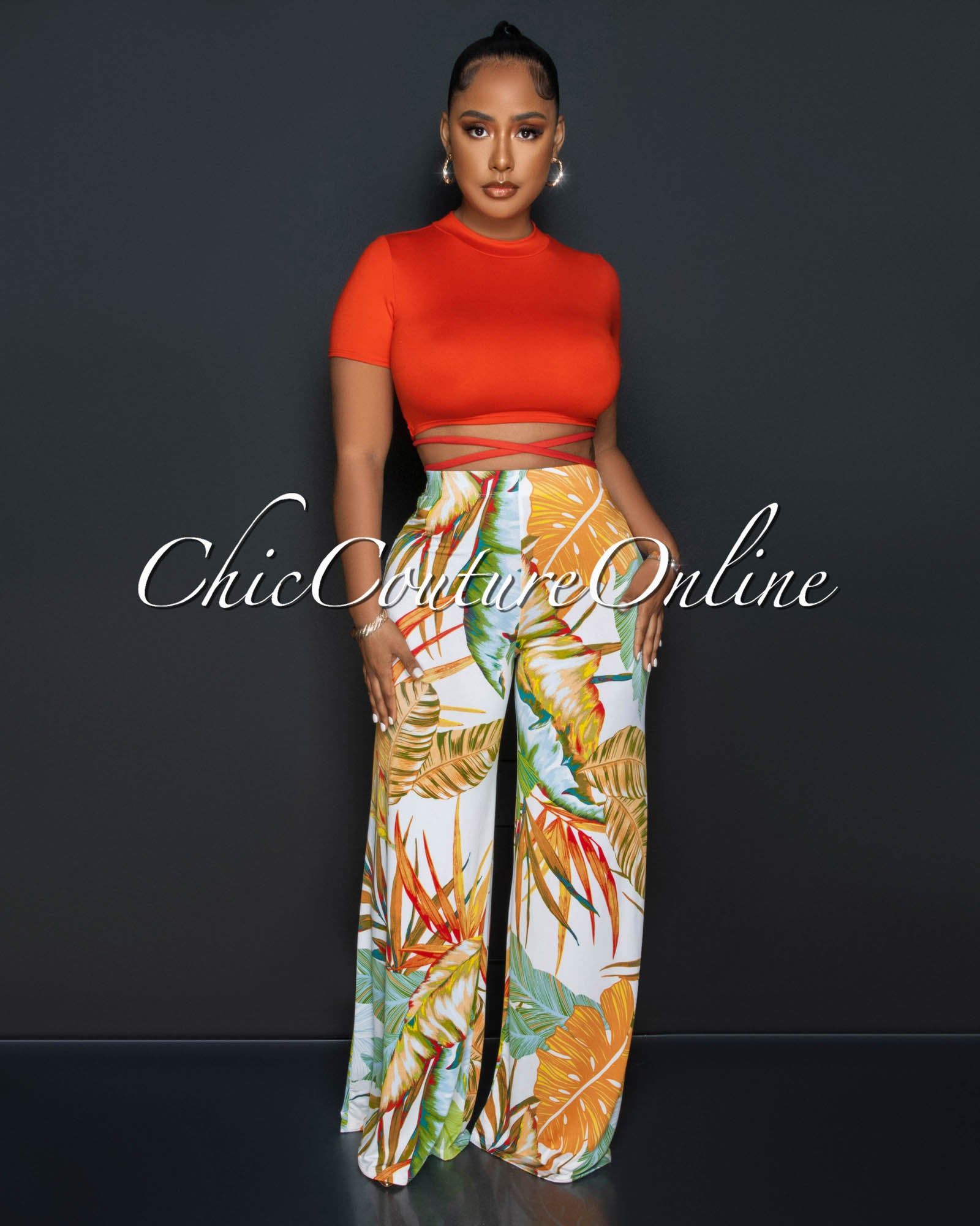 Yalena Orange Crop Top & Leaf Print Wide Pants Set sold by chic product image thumbnail 2