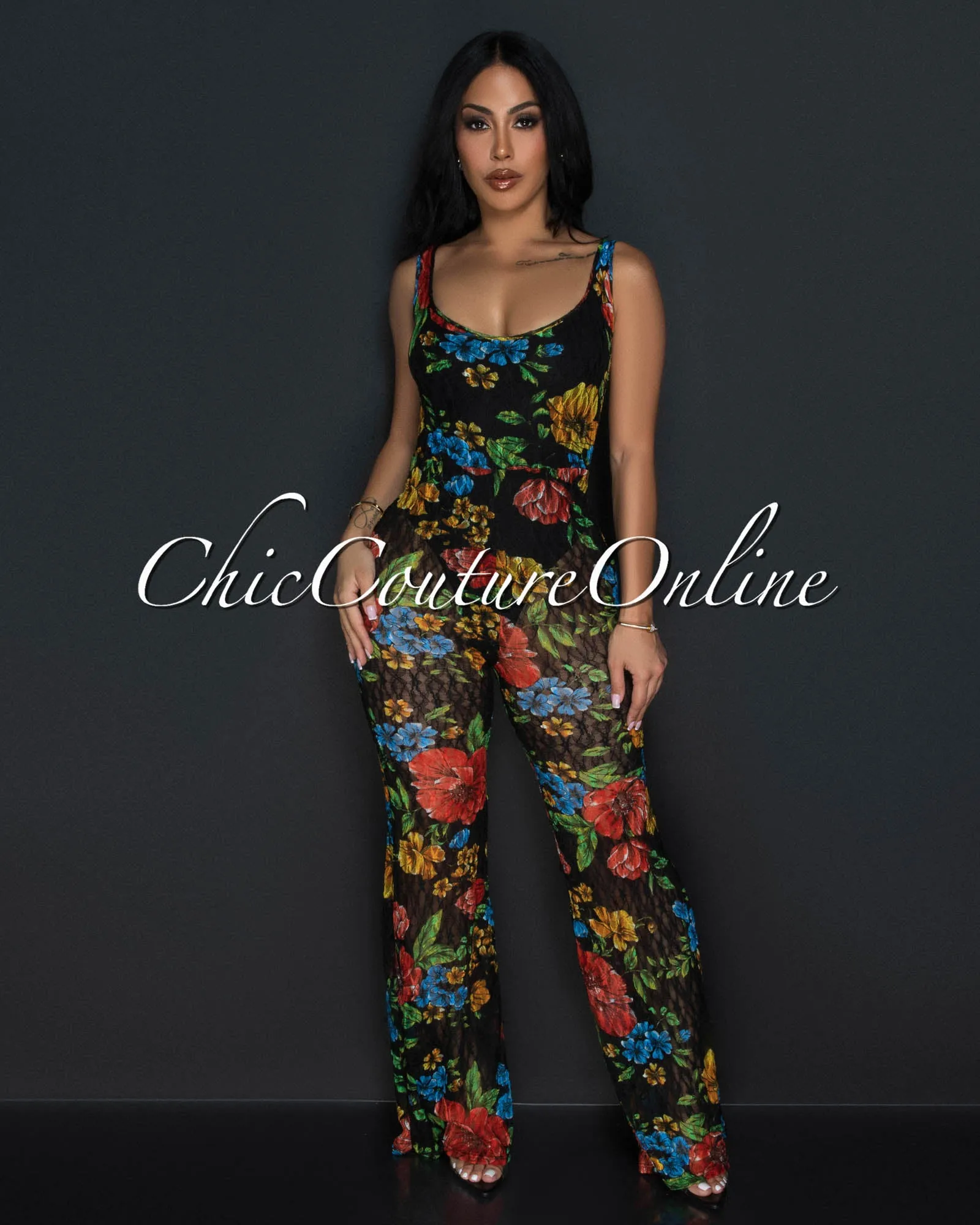 Manah Black Lace Multi-Color Print Mesh Jumpsuit sold by Chic Couture