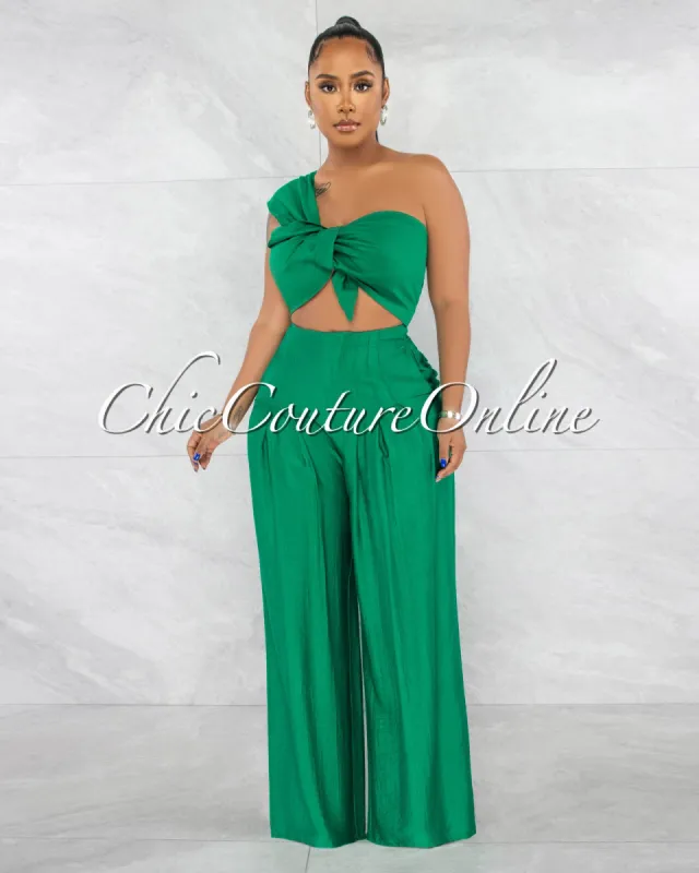 *Paris Emerald Green Knotted Crop Top & Wide Pants Set sold by Chic Couture