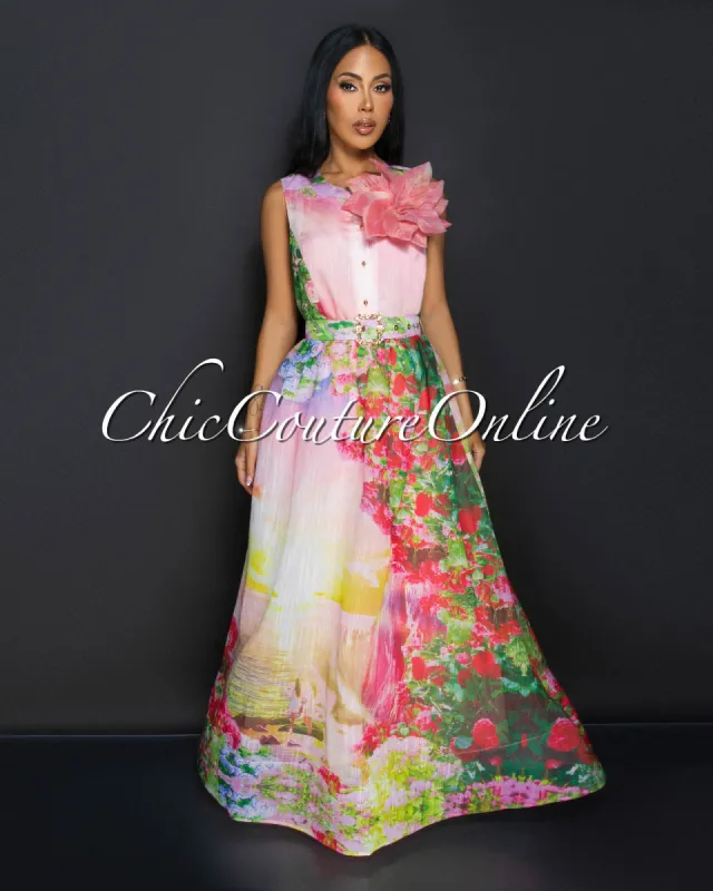 Devika Pink Multi-Color Flower Accent Top & Maxi Skirt Set sold by Chic Couture