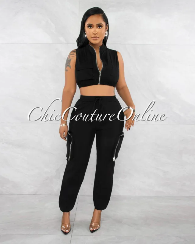 *Blassie Black Crop Top & Jogger Cargo Pants Set sold by Chic Couture