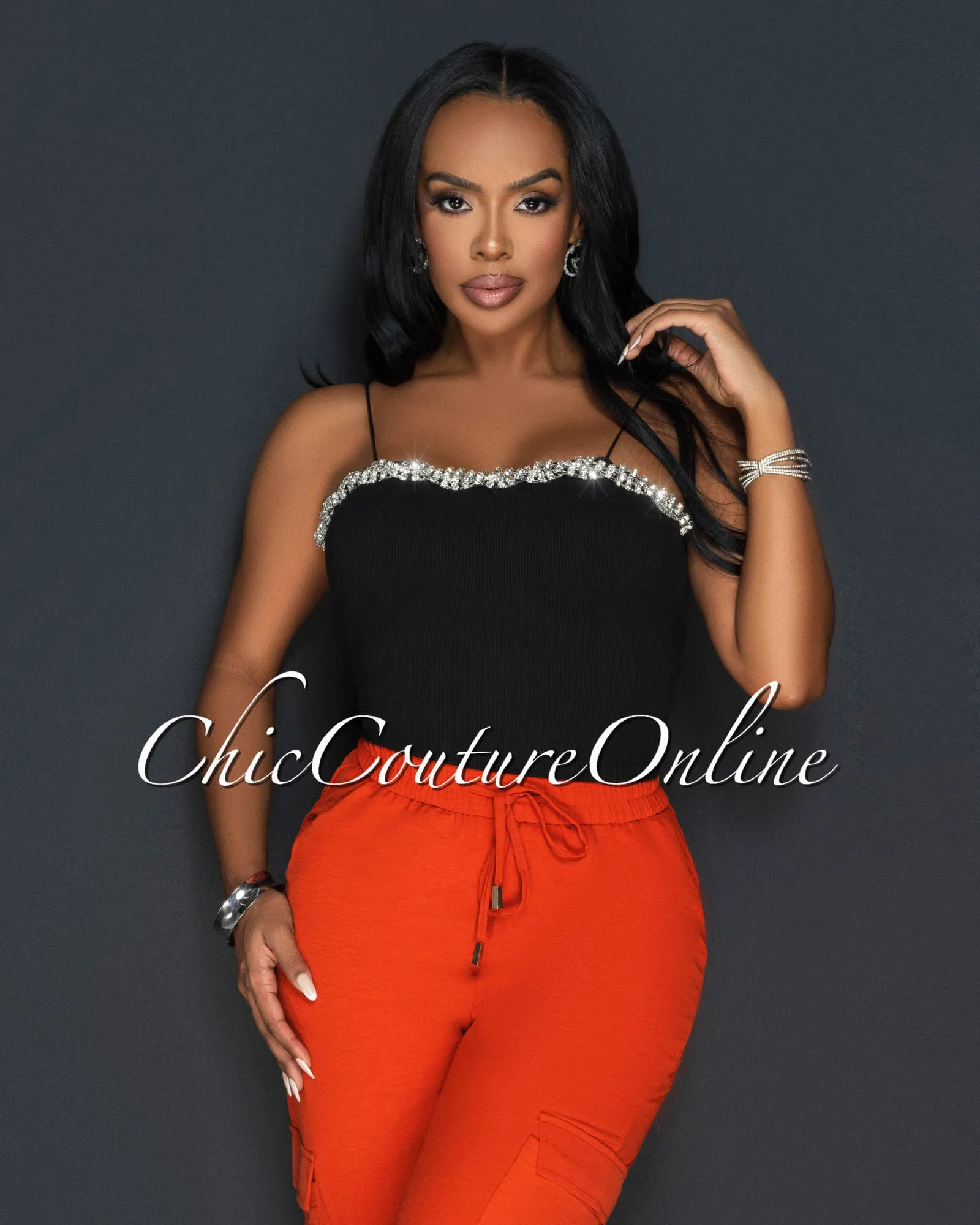 *Maloni Black Rhinestone Spaghetti Strap Crop Top sold by Chic Couture