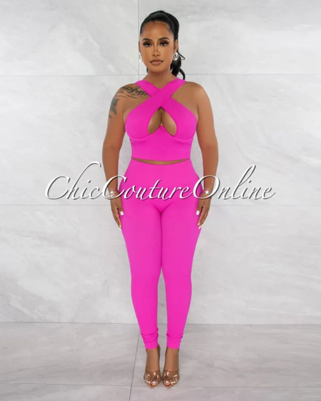 Parice Hot Pink Cut-Out Bust Top & Leggings Sculpting Set sold by Chic Couture