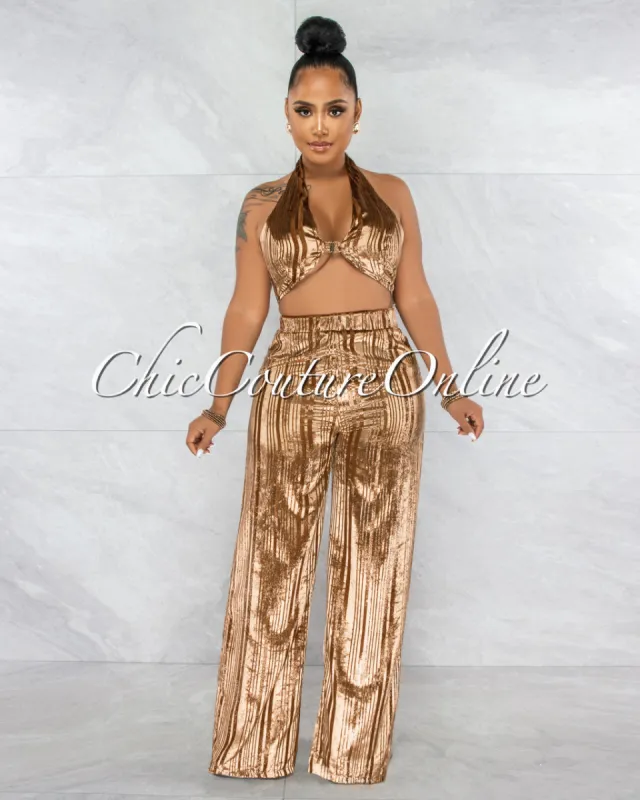 *Amellie Bronze Velvet Shimmer Crop Top & Wide Pants Set sold by Chic Couture