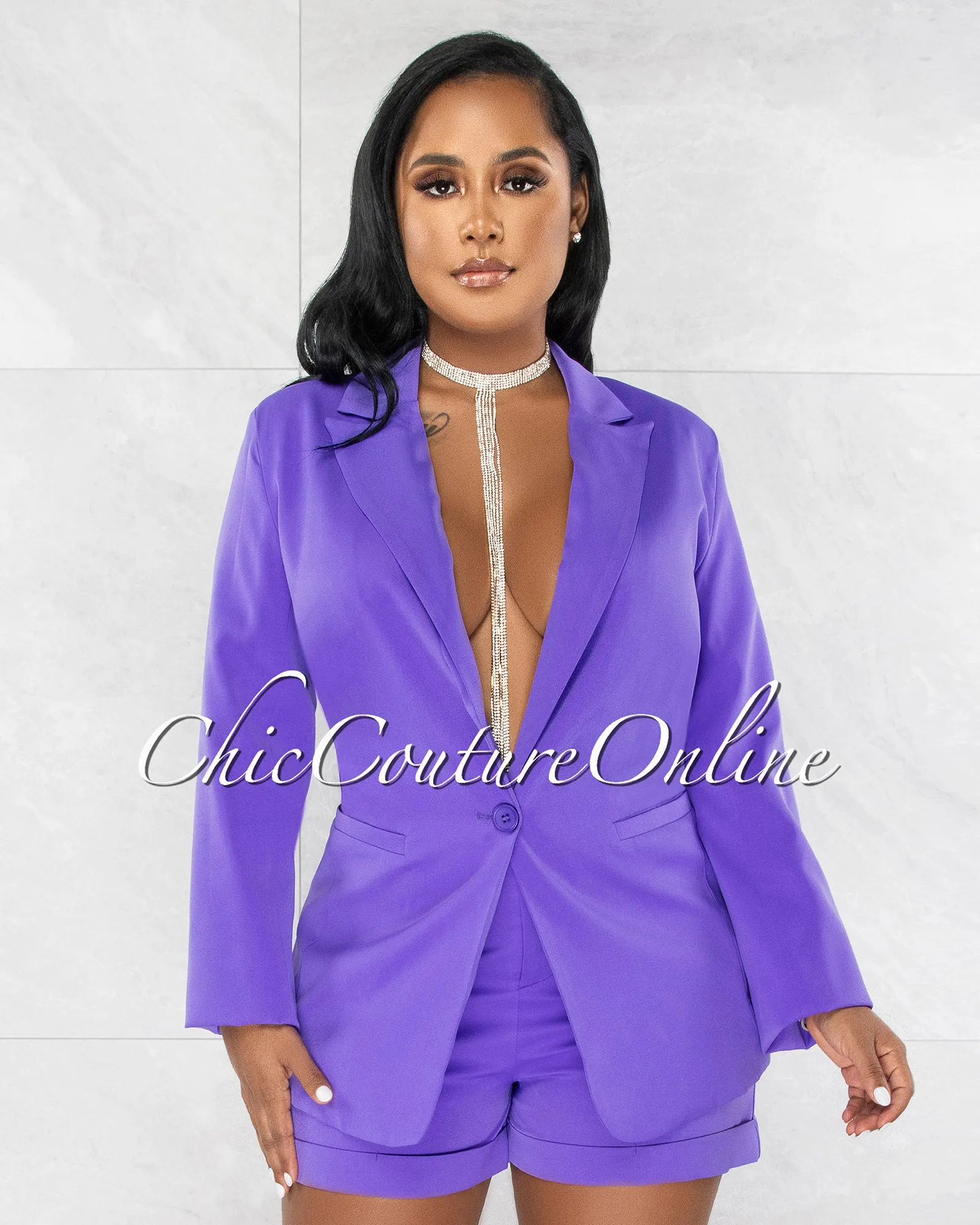 *Nichelle Purple Buttoned Long Blazer & Shorts Set sold by Chic Couture