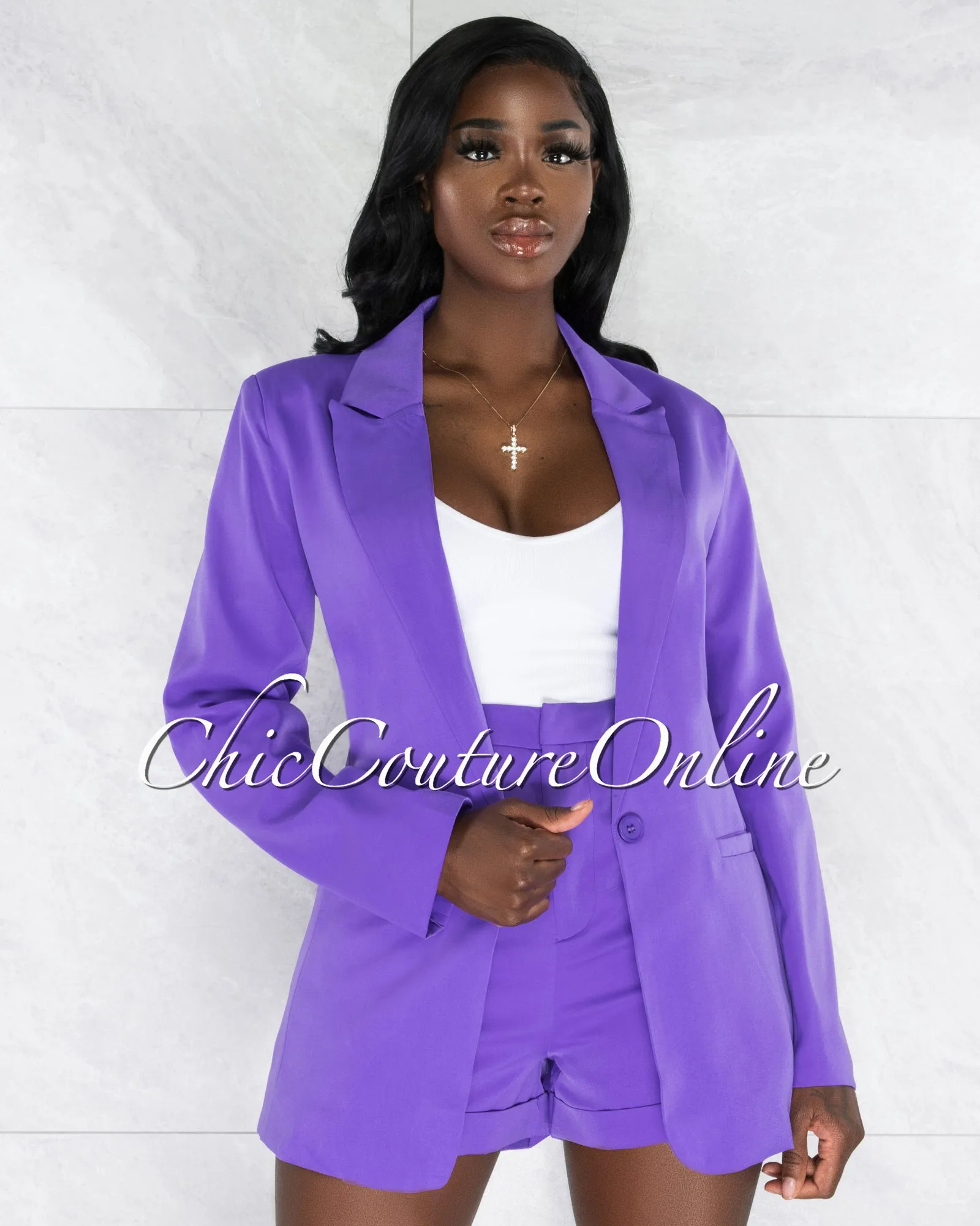 *Nichelle Purple Buttoned Long Blazer & Shorts Set sold by Chic Couture product image thumbnail 5