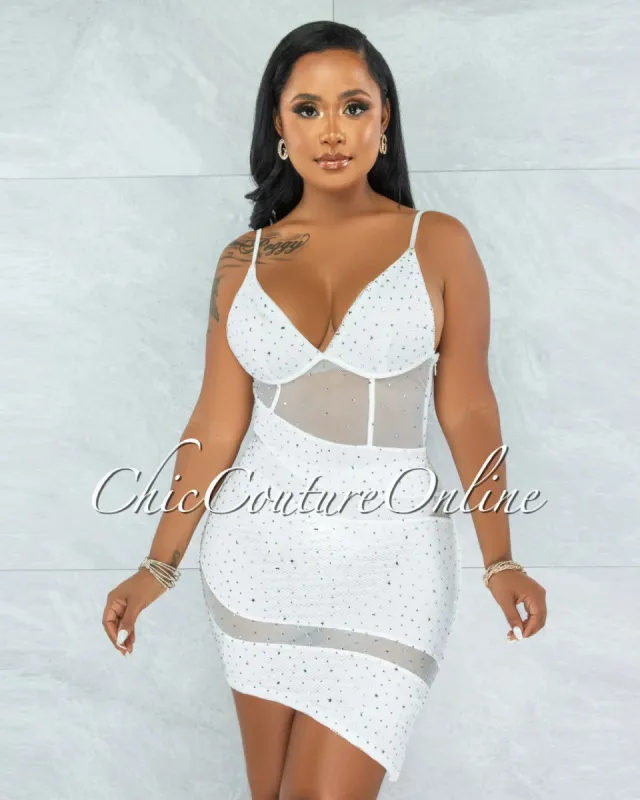 *Yovela White Rhinestones Mesh Hi-Lo Dress sold by chic