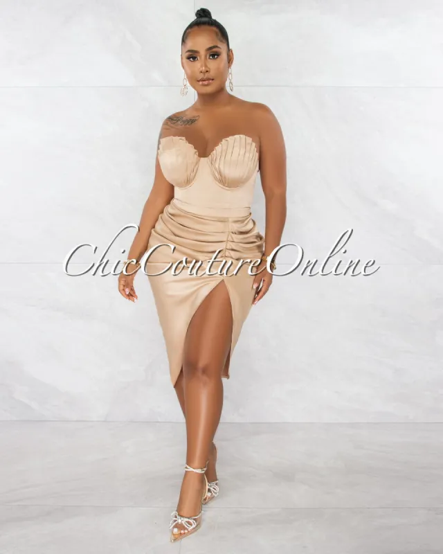 *Merritt Nude Pleated Cups Top & Drape Midi Skirt Silky Set sold by Chic Couture