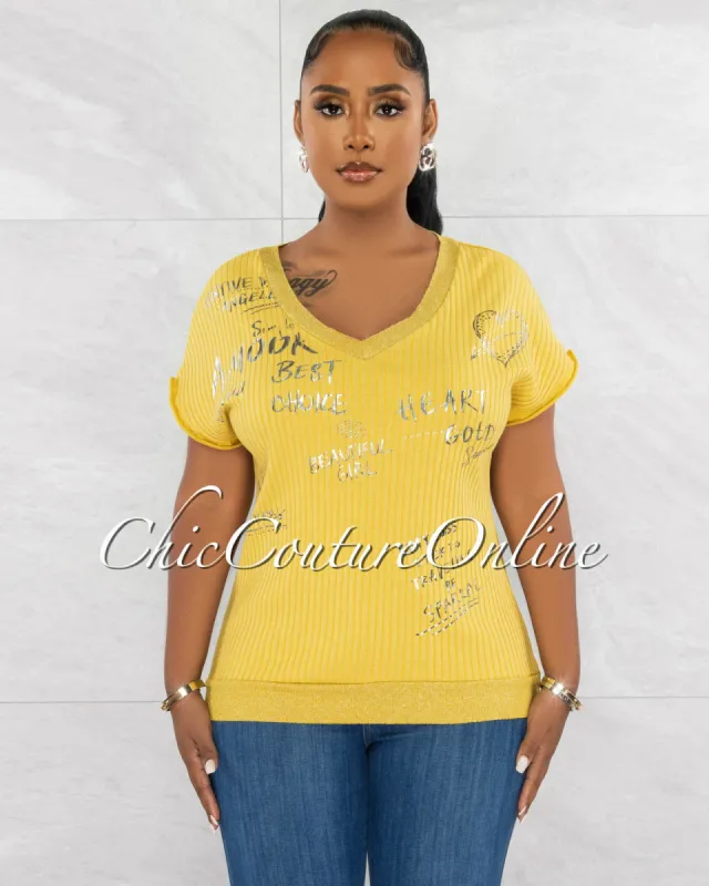 *Levity Mustard Silver Graphic Ribbed Top sold by Chic Couture